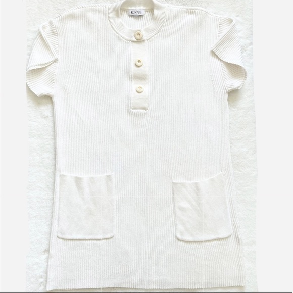 RODEBJER White Ribbed Crew Neck Dress w/ Front Patch Pockets Size Small - Picture 10 of 10